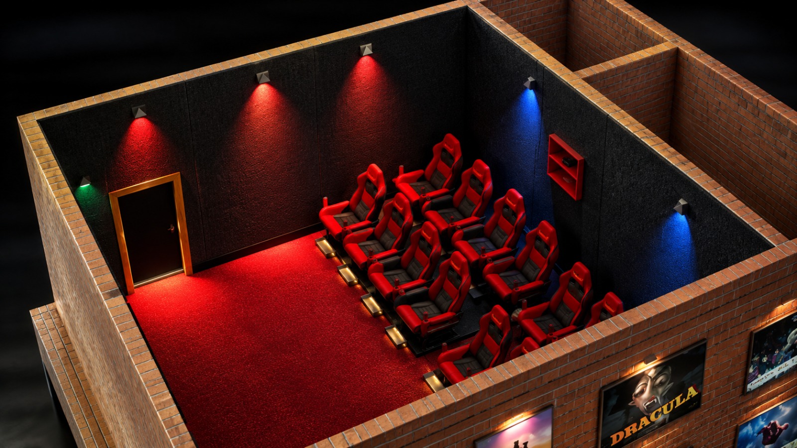 Five-dimensional theatre with motion seating and integrated lighting
